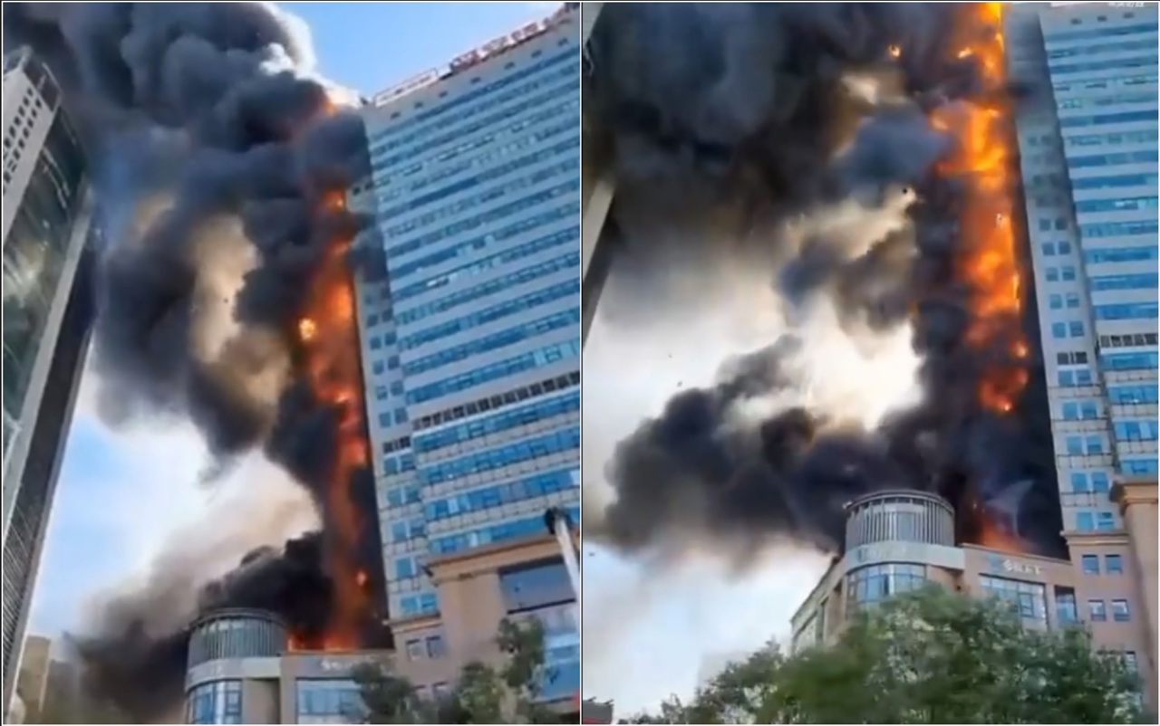 Fire engulfs 27-storey skyscraper in Tianjin, China (Digi24) 