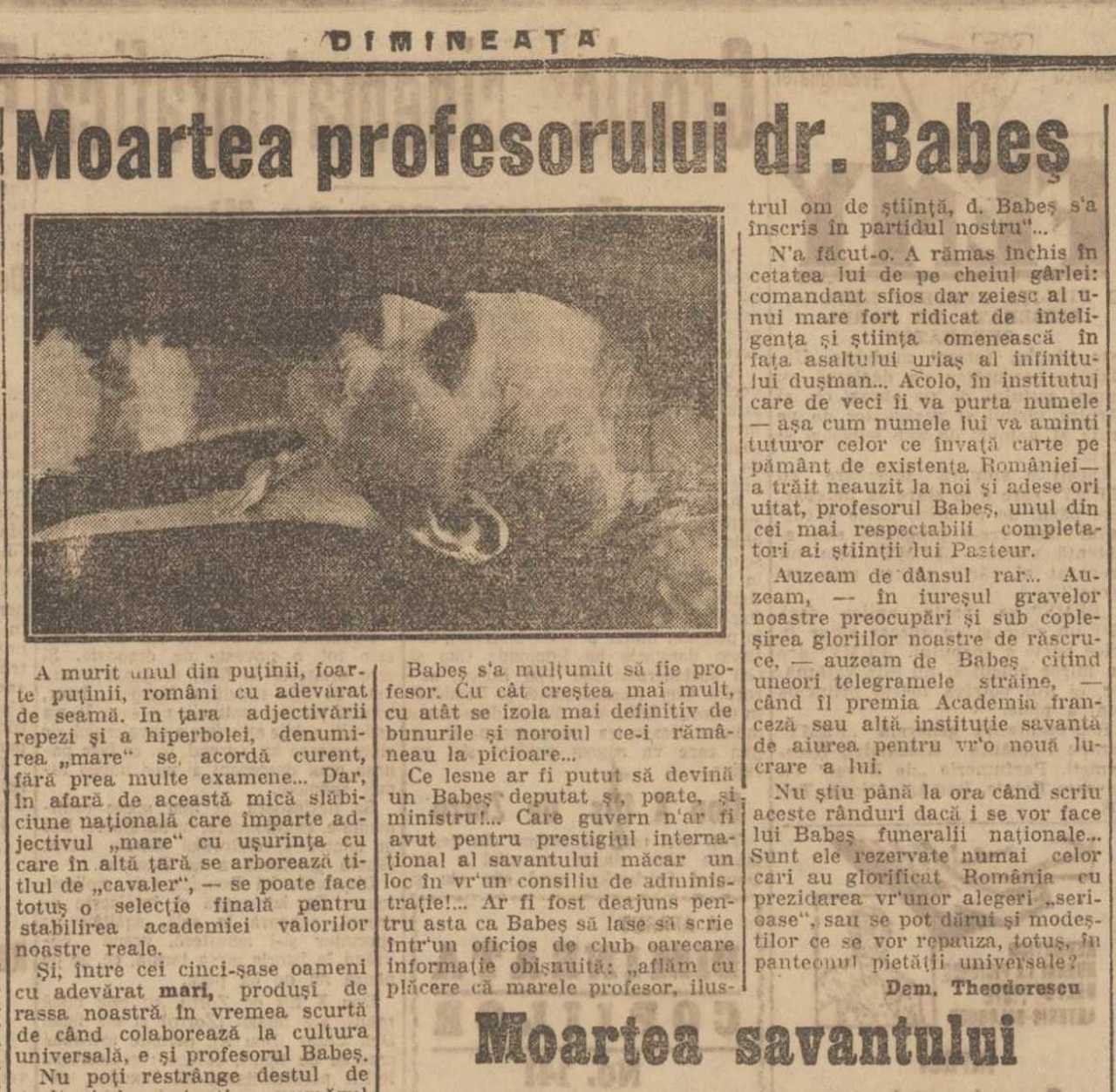 Revista presei interbelice: Acum 100 de ani, presa anunța moartea marelui savant Victor Babeș