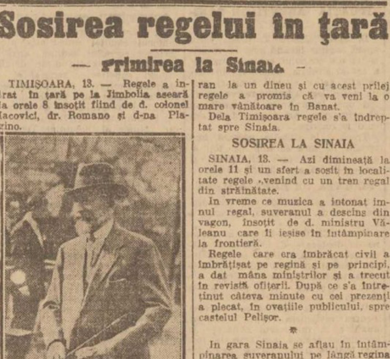 Revista presei interbelice: Ziarul Dimineața ne trezea cu știrea revenirii Regelui în țară prin Timișoara