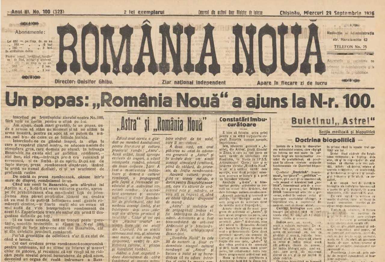 Revista presei interbelice: Ziarul „România Nouă”, înființat la Chișinău, ajungea la numărul 100