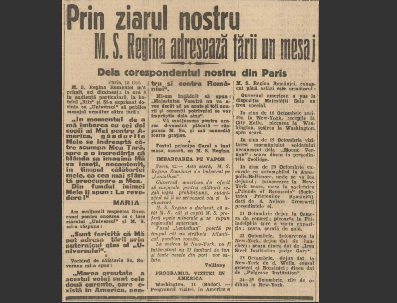 Revista presei interbelice: „Gândurile Mele se îndreaptă către scumpa Mea Țară”. Mesajul Reginei Maria înaintea plecării în America
