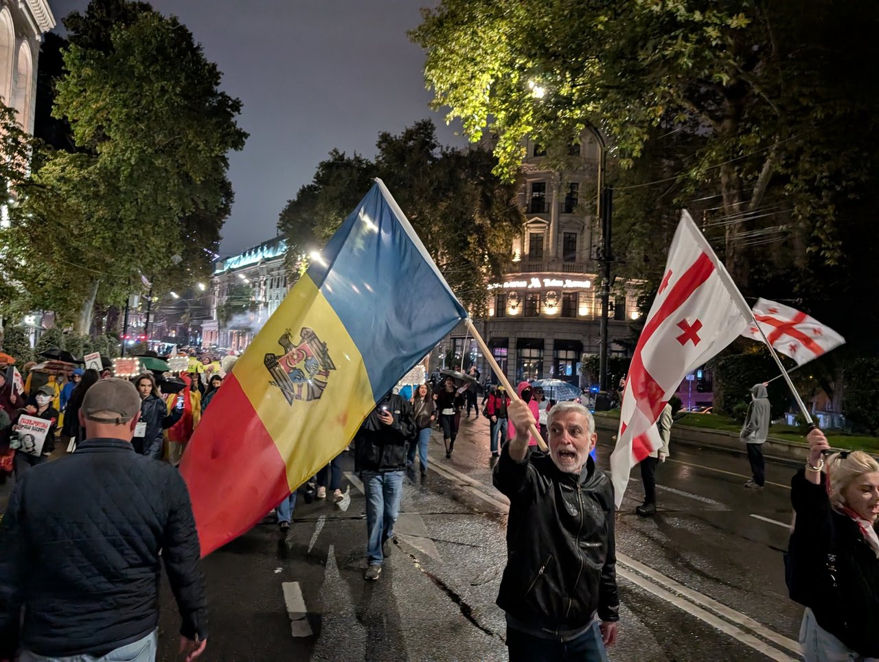 Proteste în Georgia: Drapelul R. Moldova, printre simbolurile rezistenței folosite de manifestanți