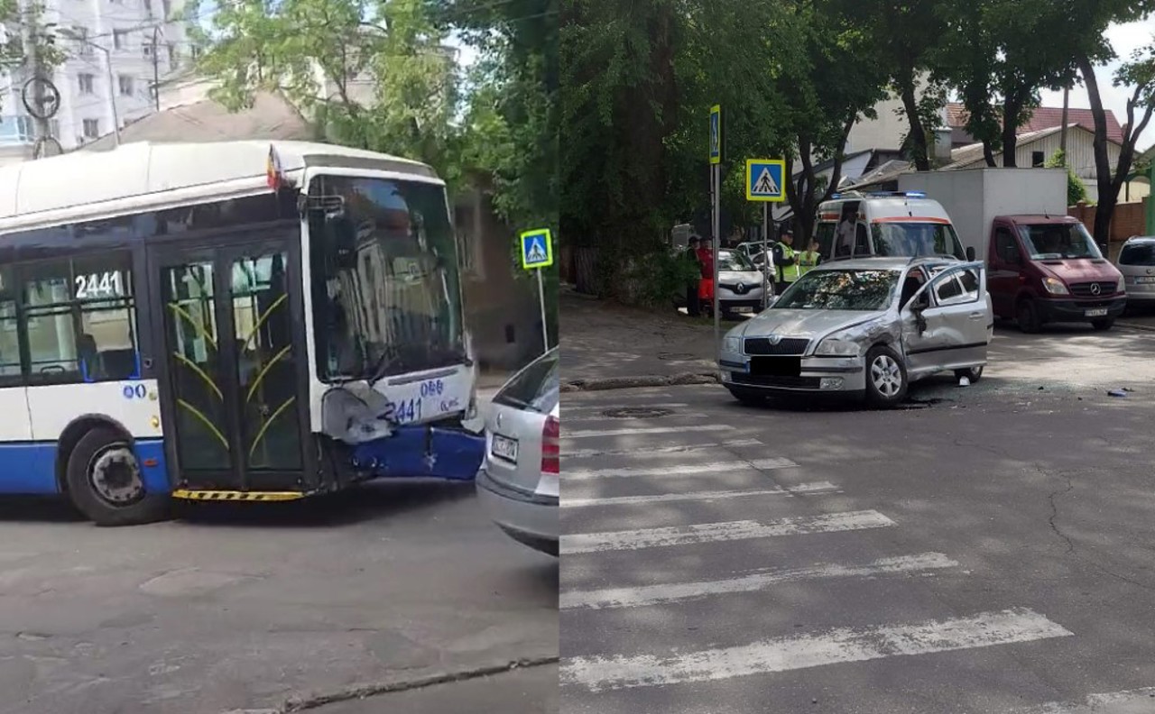 Accident în centrul capitalei: Un troleibuz, cu 20 de pasageri la bord, s-a tamponat cu un automobil. Sunt răniți