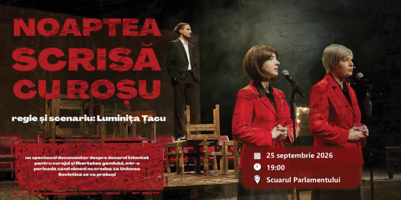 Spectacolul documentar „Noaptea scrisă cu roșu”, prezentat în scuarul Parlamentului pe 25 septembrie