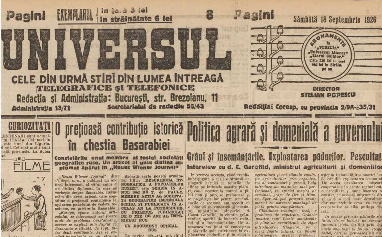 Revista presei interbelice: Caracterul românesc al Basarabiei, susținut prin documente ale Societății Geografice a Rusiei țariste