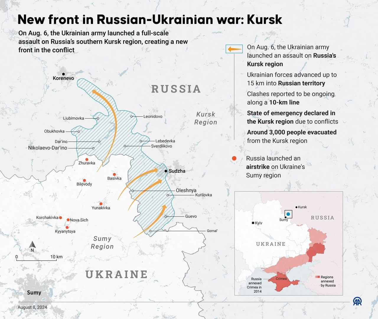 Harta incursiunii ucrainene în regiunea Kursk, din Rusia. Sursa: Murat Usubali / AFP / Profimedia