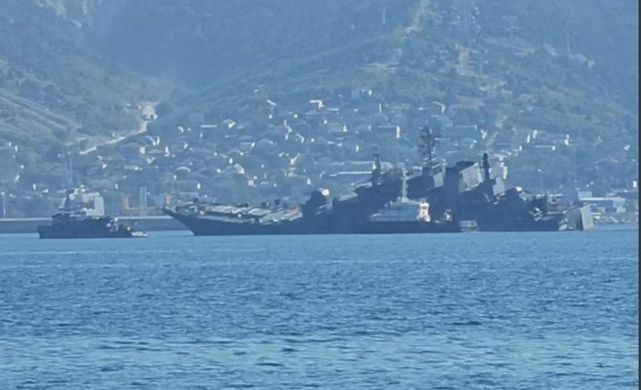 Russian warship seen listing in Black Sea after Ukrainian sea drone attack on base