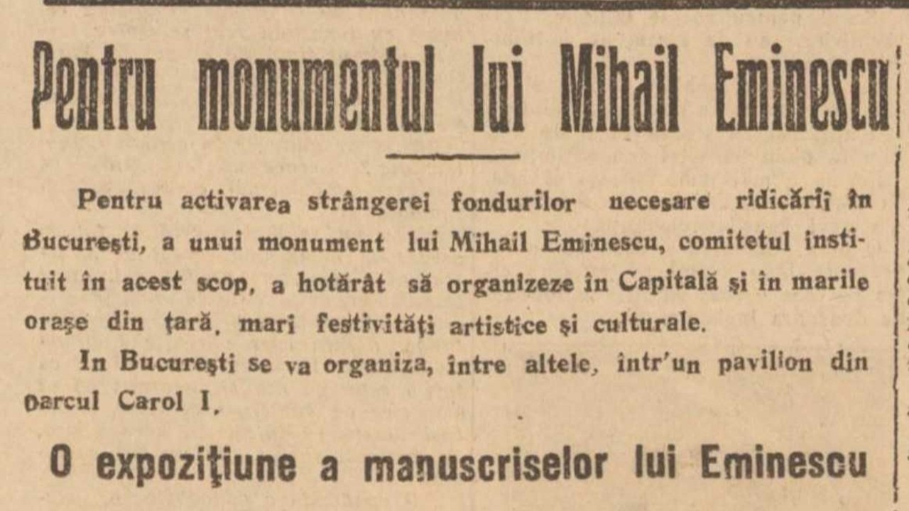 Revista presei interbelice: Strângeri de fonduri pentru înălțarea unui monument dedicat lui Mihai Eminescu